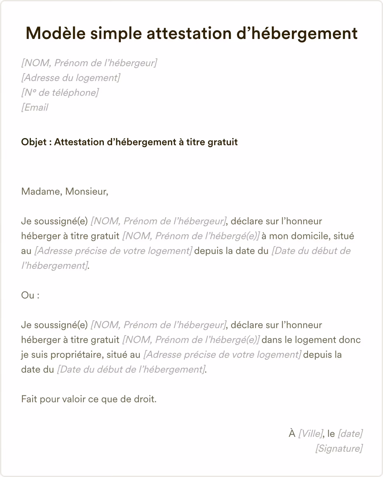 Modèle simple attestation d’hébergement