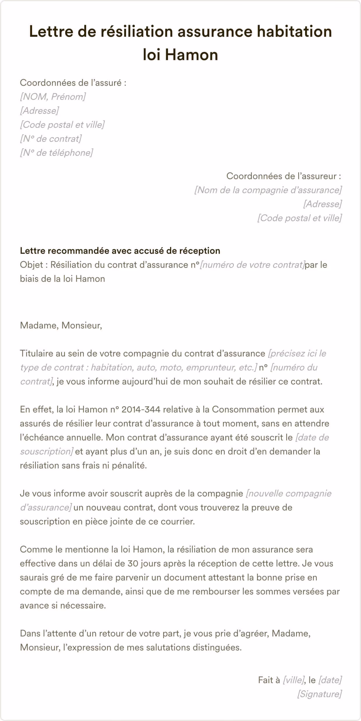 Lettre de résiliation assurance habitation loi Hamon
