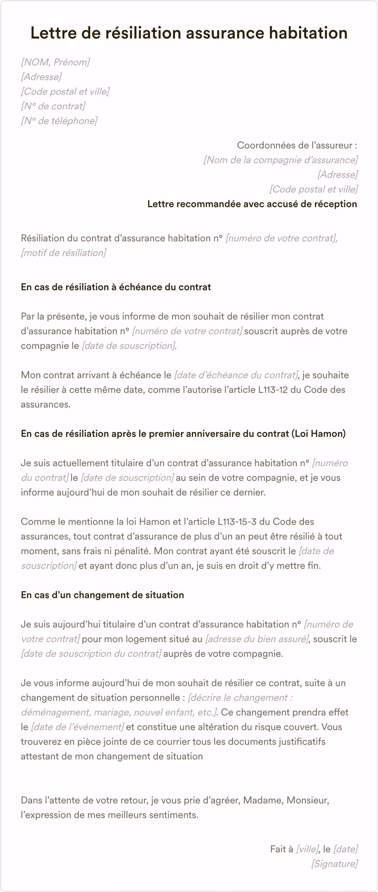 Lettre de résiliation assurance habitation 