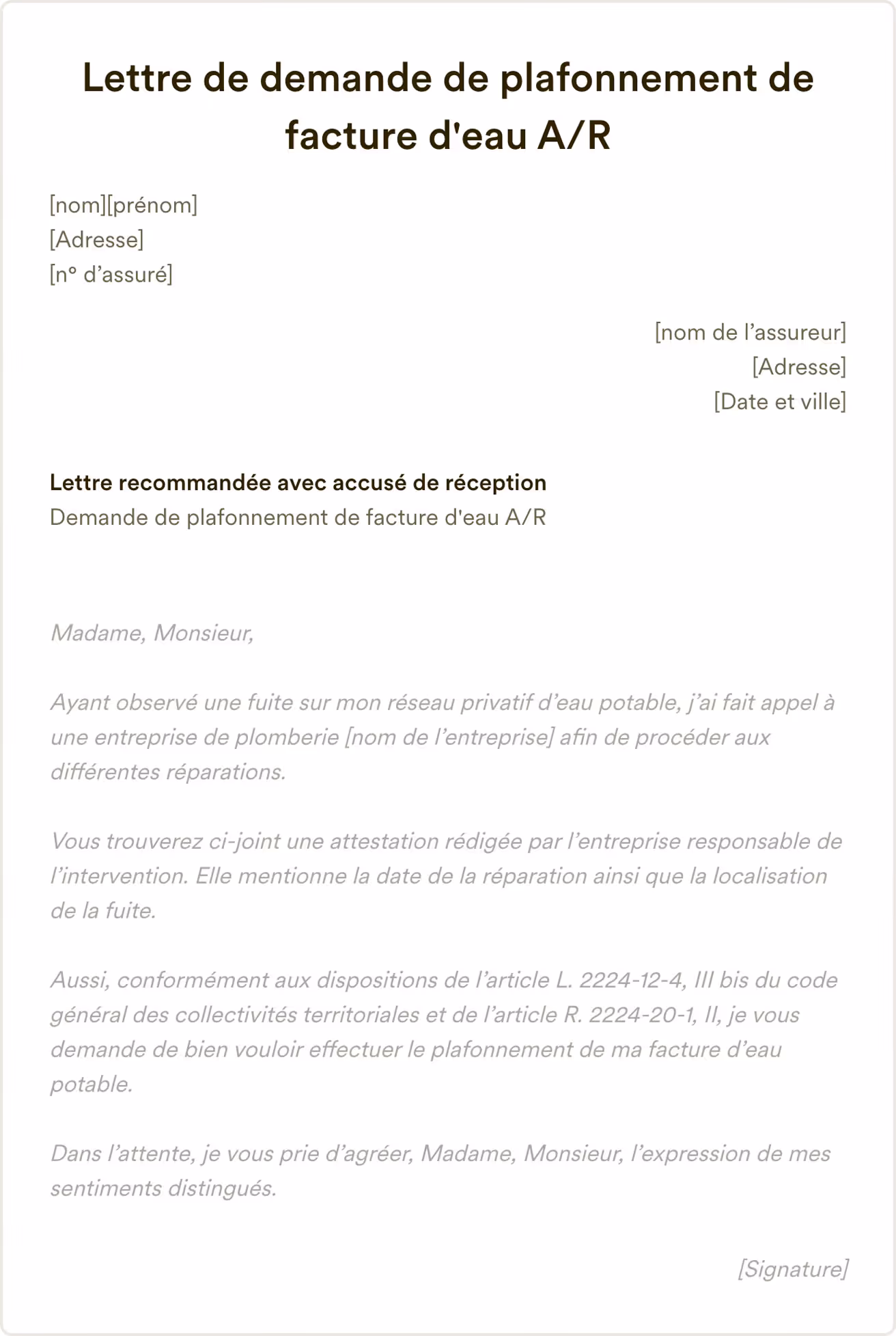 Modèle lettre de demande de plafonnement de facture d'eau