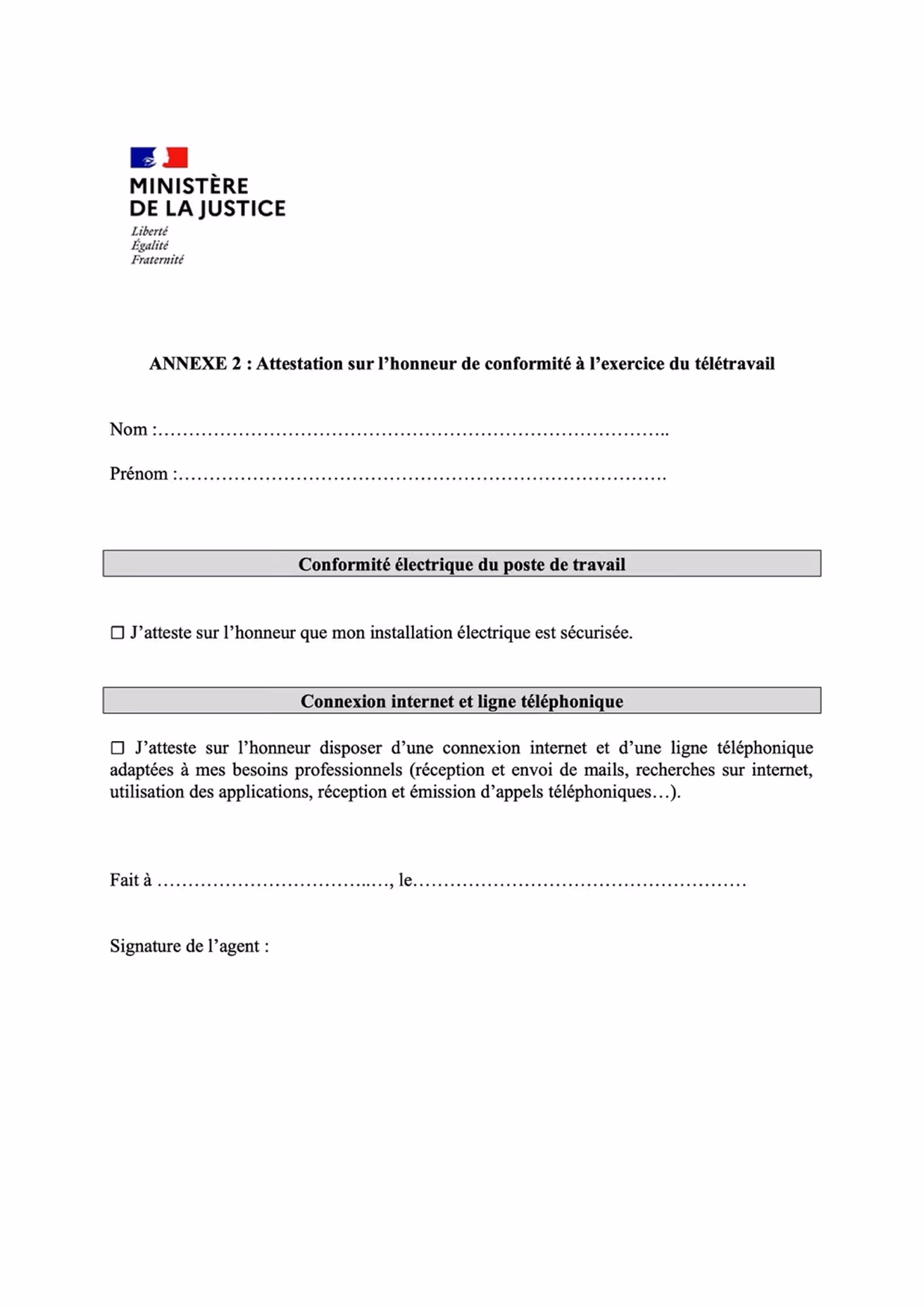 Modèle attestation sur l'honneur télétravail