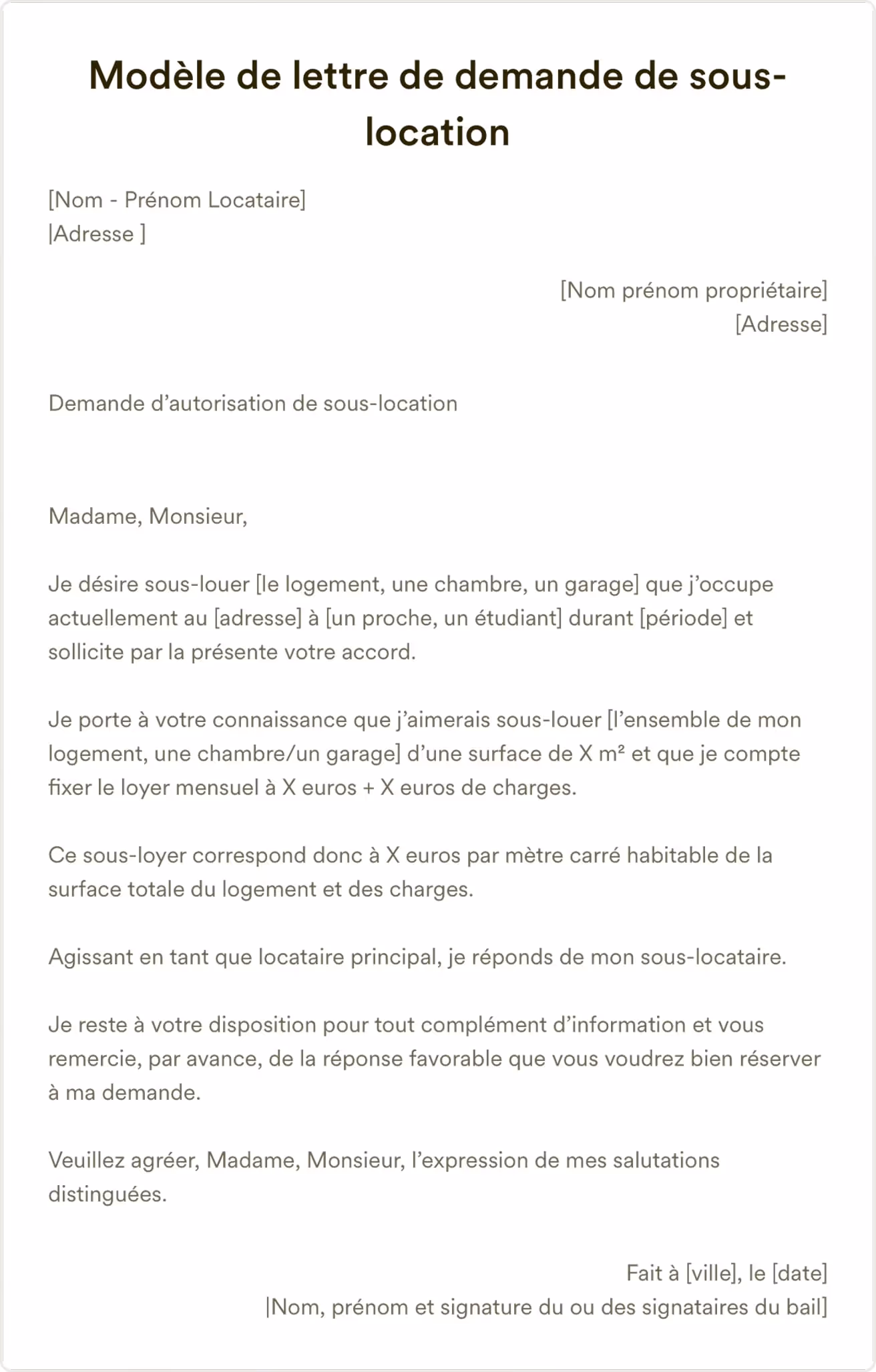 Modèle de lettre de demande de sous location