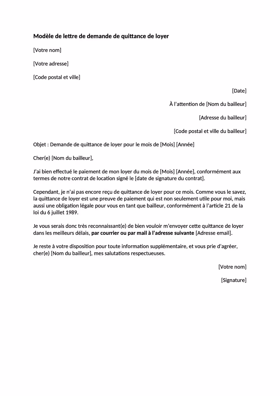 Modèle de lettre de demande de quittance de loyer